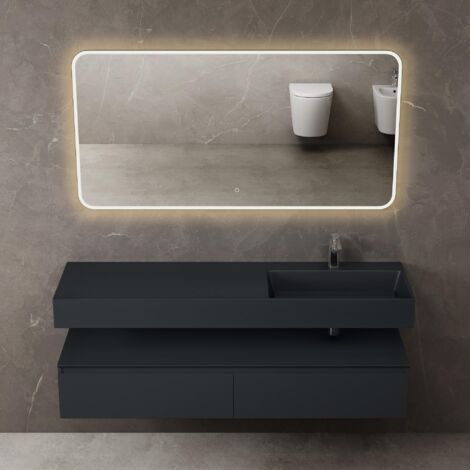 Mai ＆ Mai Meuble de Salle de Bain Gris Noir Mat Ensemble de 3 Pièces Meuble avec Lavabo 150cm et LED Miroir Design Up avec 2 Grands Tiroirs