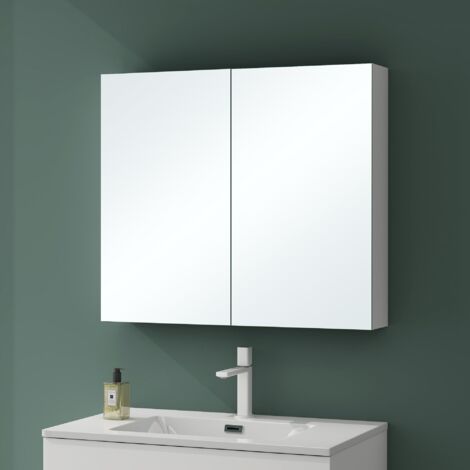 Mai & Mai Armoire Suspendue de Salle de Bain avec Miroir Armoire de Toilette Meuble Murale Miroir avec 2 Portes 80x15x70 cm Blanc Mat SpiegelSR-02