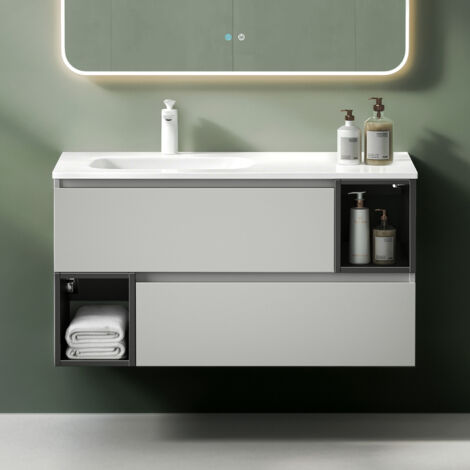 Mai & Mai – Meuble de salle de bain suspendu 100x48x54cm – Lavabo en résine synthétique – 2 tiroirs avec technologie softclose – Bois mélaminé étanche