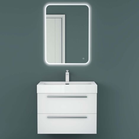 Mai & Mai Meuble de Salle de Bain Blanc Mat 73cm Meuble sous Vasque Quadratto Meuble Suspendu avec Vasque et Miroir