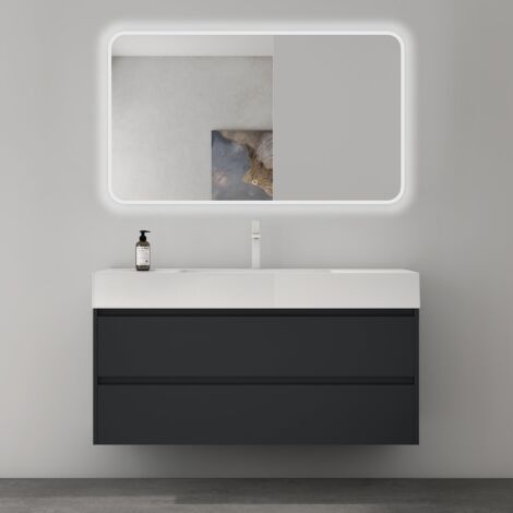 Mai & Mai Meuble de Salle de Bain Gris Noir Mat avec Lavabo et Miroir Meuble sous Vasque 120x48x63cm Meuble Suspendu avec 2 Tiroirs (1/5)