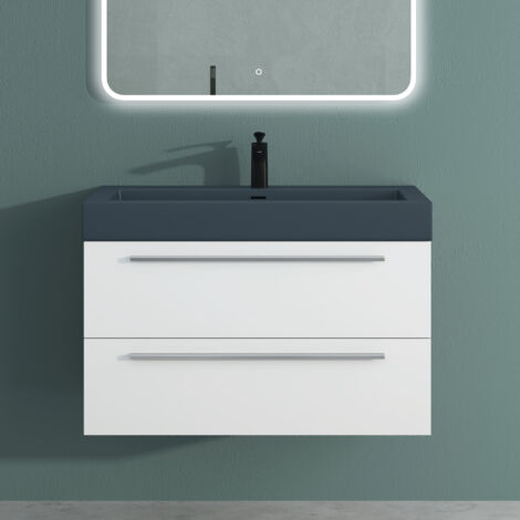 Mai & Mai Meuble de Salle de Bain Blanc Mat 90cm Meuble sous Vasque Quadratto Meuble Suspendu avec Vasque (1/5)