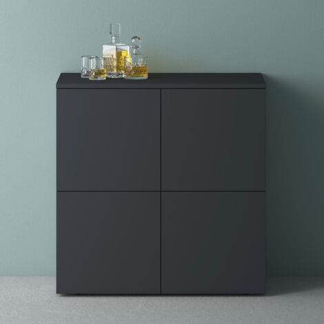 Mai & Mai – Buffet de rangement 4 portes 4 compartiments – Dimensions 76x36,4x74 cm – Bois composite gris noir mat – Design soft-close avec poignées cachées (1/5)