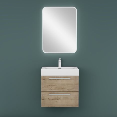 Mai & Mai Meuble de Salle de Bain Chêne Clair 60cm Meuble sous Vasque Quadratto Meuble Suspendu avec Vasque et Miroir
