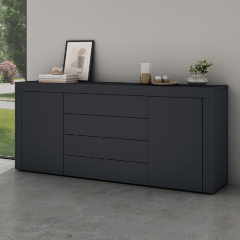 Mai & Mai – Meuble de rangement enfilade 2 portes 4 tiroirs – Dimensions 167x36x70 cm – Panneaux E1 écologiques – Design soft-close gris noir mat (1/5)