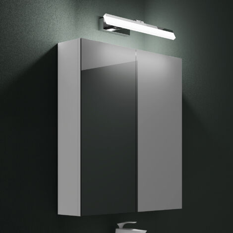 Mai & Mai Armoire Suspendue de Salle de Bain avec Miroir et Lampe LED 180° Rotative 40cm Chrome 2 Portes Armoire Miroir Murale Éclairage et Étagère 60x15x70 cm Blanc Mat SpiegelSR-02 (1/5)