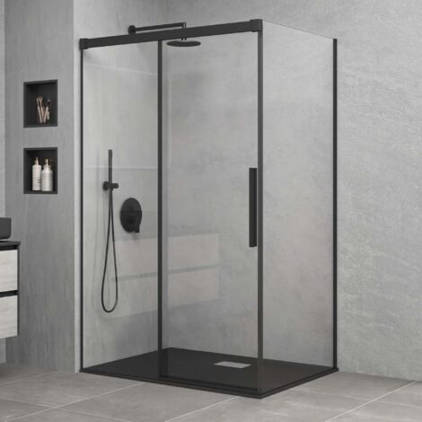 Mai & Mai Cabine de Douche Noir en Angle Montage Réversible 100x140cm Porte Coulissante avec Amortisseur Paroi de Douche Rectangulaire Verre Transparent de 6mm Easy Clean Rav12 (1/5)