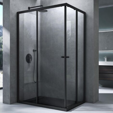 Mai & Mai Cabine de Douche Noir 90X140cm Paroi de Douche Deux Portes Coulissantes Verre Trempé Transparent avec Revêtement Nano Easy Clean Rav16K-Plus