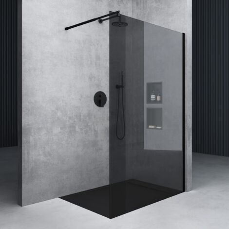 Mai & Mai Paroi de Douche Fumée 130x200 Douche à L'italienne Gris Teintée BR1VG Verre 8mm avec Revêtement Nano Easy Clean Stabilisateur Rond Noir
