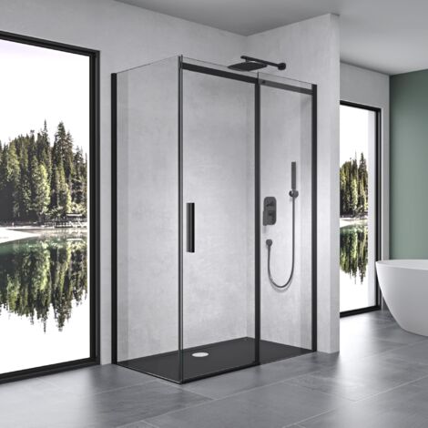 Mai & Mai Paroi de Douche Cabine de Douche Noir 80X140 avec Porte de Douche Coulissante Montage Réversible Verre Trempé Transparent Receveur Compris Rav18 (1/5)