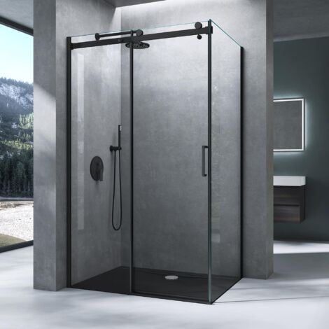 Mai & Mai Cabine de Douche en Angle 90x150x195cm Montage Réversible avec Porte de Douche Coulissante Verre Trempé ESG Transparent Noir avec Amortisseur Rav19 (1/5)