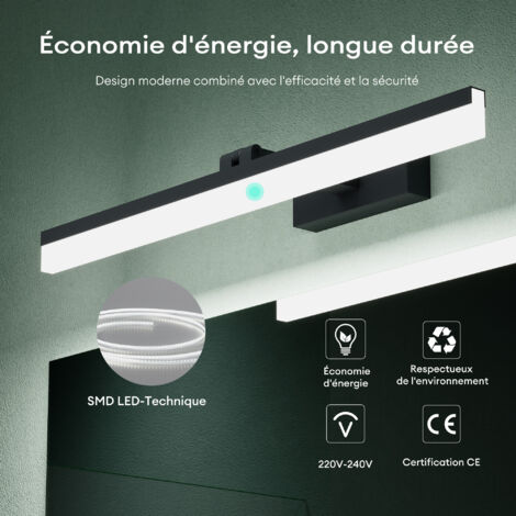 Applique Murale LED Miroir 40cm 4000K - Pour Salle De Bain, Noir, 9W, éclairage Sans Scintillement