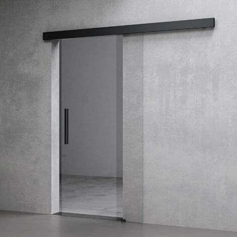 Mai & Mai Porte Coulissante Noir 75,5x205cm avec Transparent en Verre Sécurité ESG 8mm Poignée barre Distance au Mur de 25mm Ama (1/5)