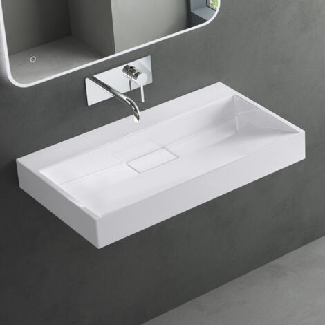 Mai & Mai Lavabo Salle de Bains Vasque Suspendu Blanc 70x46x11cm Vasque à Poser Rectangulaire sans Perçage Col19