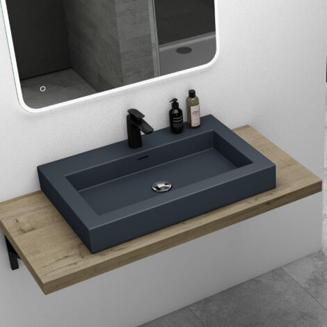 Mai & Mai Vasque à Poser Lavabo Suspendu Gris Noir Mat 73cm Lave Mains Rectangulaire avec Trop-Plein Col818 73x48x10cm (1/5)
