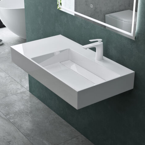 Mai & Mai Lavabo Suspendu Vasque à Poser Blanc 90cm Evier Lave Mains Salle de Bain sans Trop-plein Col12-900 R