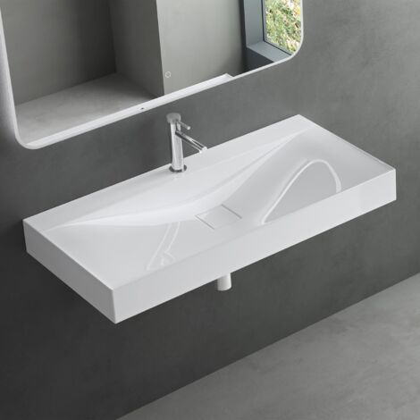 Mai & Mai Lavabo Suspendu Blanc 100x48x10cm Vasque à Poser Rectangulaire avec Perçage pour Robinet et Cache Bonde Col810-1000