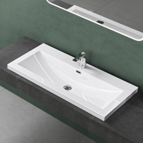 Mai & Mai Lavabo à encastrer blanc 100cm vasque lave mains rectangulaire en résine lavabo avec trop-plein Col01 100x48x13cm (1/5)