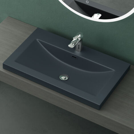 Mai & Mai Lavabo à Encastrer Gris Noir Mat 76,5cm Vasque Lave Mains Rectangulaire en Résine Lavabo avec Trop-Plein Col01 76,5x48x13cm