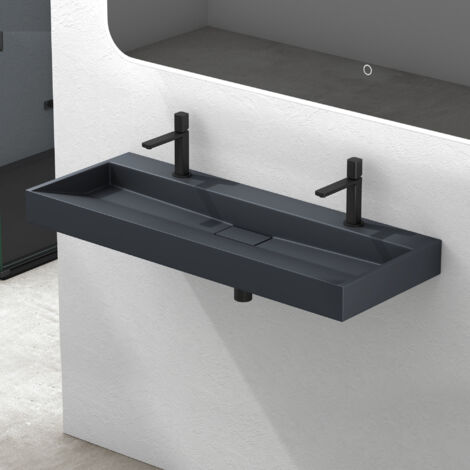 Mai & Mai Lavabo Salle de Bains Vasque à Poser Rectangulaire Lavabo Suspendu Gris Noir Mat 120x46x11cm Col19-1200