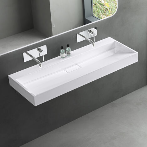 Mai & Mai – Lavabo suspendu blanc 120x46x11cm – Vasque rectangulaire sans trop-plein – Résine de synthèse – Installation facile - Col19-1200