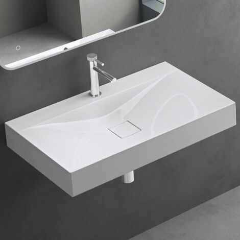 Mai & Mai Lavabo Suspendu Blanc 80x48x10cm Vasque à Poser Rectangulaire avec Perçage pour Robinet et Cache Bonde Col810-800