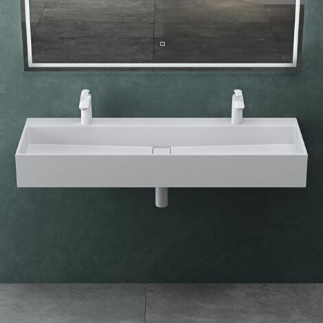 Mai & Mai Lavabo Suspendu Vasque à Poser Blanc Mat 120x40x14cm 2 Éviers Lave Mains Salle de Bain avec Cache Bonde Col6028