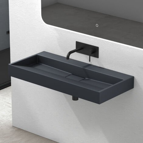 Mai & Mai Lavabo Salle de Bains Vasque Suspendu Gris Noir Mat 100x46x11cm Vasque à Poser Rectangulaire sans Perçage Col19