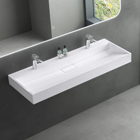 Mai & Mai – Vasque à poser ou lavabo suspendu blanc 120x46x11cm – Forme rectangulaire – Résine de synthèse – Installation facile - Col19-1200 (1/5)