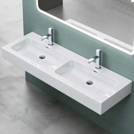 Mai & Mai Double Lavabo Suspendu Blanc 141cm Vasque à Poser Pour 2 Évier Lave Mains Salle de Bain avec Trop-Plein Col830