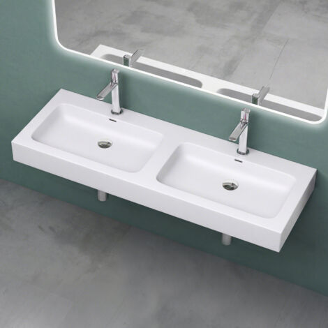 Mai & Mai Double Lavabo Suspendu Blanc Mat 141cm Vasque à Poser Pour 2 Évier Lave Mains Salle de Bain avec Trop-Plein Col830 (1/5)
