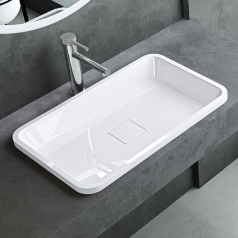 Mai & Mai – Vasque à encastrer blanche rectangulaire 53 x 33 x 10,5 cm – Résine de synthèse durable – Sans trop-plein – Cache bonde amovible - Col104