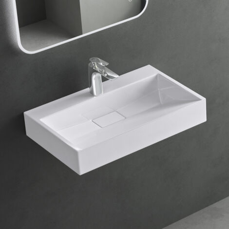 Mai & Mai Lavabo Suspendu Blanc 60x38x11cm Vasque à Poser Rectangulaire avec Perçage pour Robinet avec Bonde et Cache Bonde Col19 (1/5)