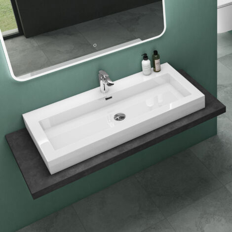 Mai & Mai Vasque à poser lavabo suspendu blanc 100cm résine rectangulaire avec perçage pour robinet lave mains avec trop-plein Col818 100x48x10cm (1/5)