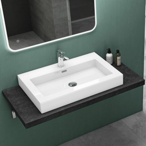 Mai & Mai Vasque à poser lavabo suspendu blanc 73cm résine rectangulaire avec perçage pour robinet lave mains avec trop-plein Col818 73x48x10cm
