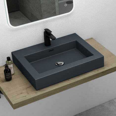 Mai & Mai Vasque à Poser Lavabo Suspendu Gris Noir Mat 100cm Lave Mains Rectangulaire avec Trop-Plein Col818 100x48x10cm (1/5)