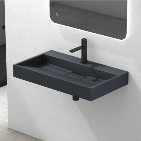 Mai & Mai Lavabo Suspendu Gris Noir Mat 70x46x11cm Vasque à Poser Rectangulaire avec Perçage pour Robinet avec Bonde et Cache Bonde Col19