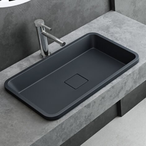 Mai & Mai Vasque à Encastrer Gris Noir Mat Rectangulaire 60cm Lavabo Salle de Bain Évier Lave Mains avec Cache Bonde Col104