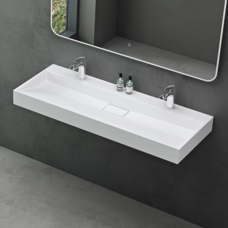 Mai & Mai – Lavabo suspendu ou à poser rectangulaire blanc mat 120x46x11cm – Résine de synthèse – Installation facile avec perçage robinet - Col19-1200