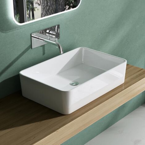 Mai & Mai Vasque à Poser Lavabo Blanc 60x40x15cm en Résine sans Perçage pour Robinet Col102 (1/5)