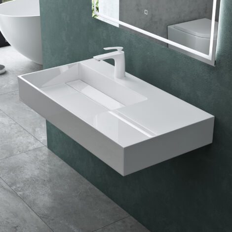 Mai & Mai Lavabo Suspendu Vasque à Poser Blanc 90cm Evier Lave Mains Salle de Bain sans Trop-plein Col12-900 L