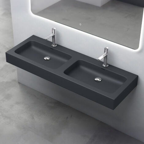 Mai & Mai Double Lavabo Suspendu Gris Noir Mat 141cm Vasque à Poser Pour 2 Évier Lave Mains Salle de Bain avec Trop-Plein Col830 (1/5)