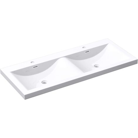 Mai & Mai Double vasque à encastrer blanc lavabo 2 Vasques 144x48x12 cm lave mains Col03 rectangulaire en résine avec trop plein