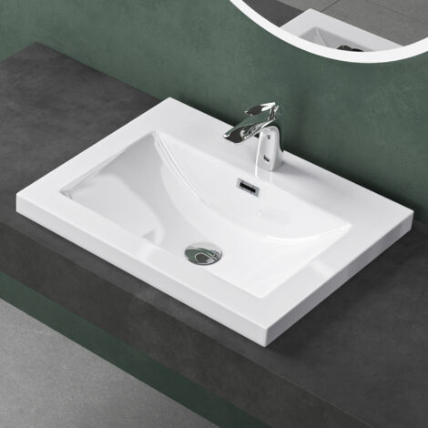 Mai & Mai Lavabo à encastrer blanc 60cm vasque lave mains rectangulaire en résine lavabo avec trop-plein Col01 60x48x13cm (1/5)