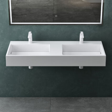 Mai & Mai – Double lavabo suspendu blanc 120cm – Vasque rectangulaire à poser pour 2 robinets – Résine de synthèse – Installation facile - Col12-1200-2