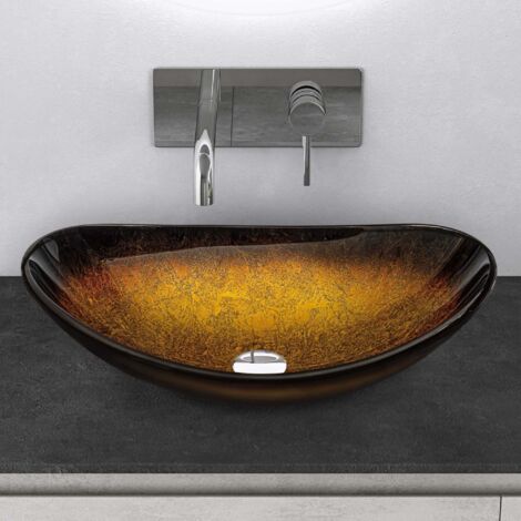Mai & Mai Lavabo à Poser en Verre Lave-Mains Vasque Ovale à Poser Lavabo Doré pour Salle de Bain WC d'Invités 53,5x35,5x16 cm Min08