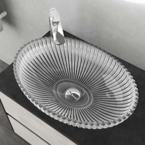 Mai & Mai Lavabo à Poser en Verre Lave-Mains Vasque Ovale à Poser Lavabo Transparent pour Salle de Bain WC d'Invités 50,5x35x14,5 cm Min04