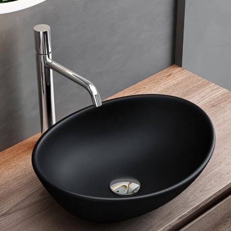 Mai & Mai Lave Main Evier Vasque 42x34x14,5 cm en Céramique Noir Mat Ovale sans Perçage pour Robinet Lavabo sans Trop-plein à Poser BR205