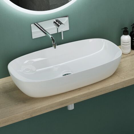 Mai & Mai Vasque à Poser 70x37x13,5cm Lavabo en Céramique Blanc sans Trop-Plein Salle de Bains pour Invités BR104 (1/5)
