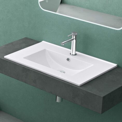 Mai & Mai Lavabo Encastré en Céramique 70cm Blanc Lave Mains Rectangulaire avec Perçage de Robinet et Trop-Plein 71x47x18cm BR912